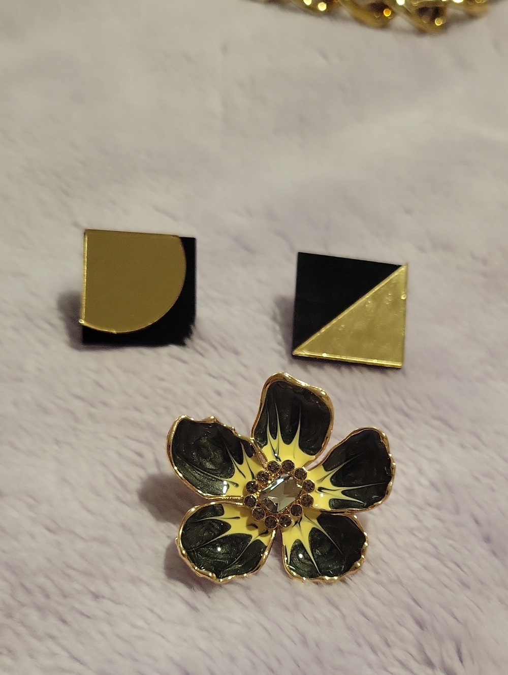 Source Unknown Gold and Black Floral Brooch with Geometric Studs